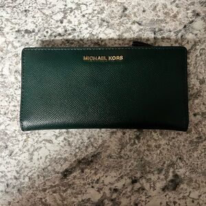 Michael Kors Slim Envelope Dark Green Wallet with Gold Logo
